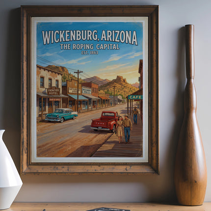 Wickenburg, Arizona Roping Capital vintage poster with street scene and cars.