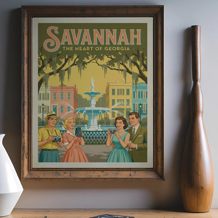 Savannah, Georgia travel poster with couple by fountain, framed.