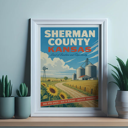 Sherman County Kansas travel poster with farm scene and text.