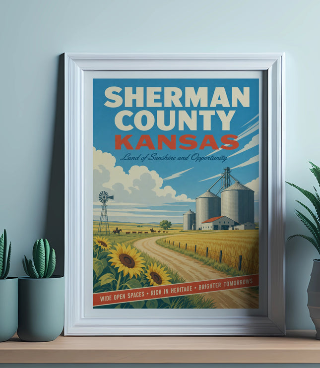 Sherman County Kansas travel poster with farm scene and text.