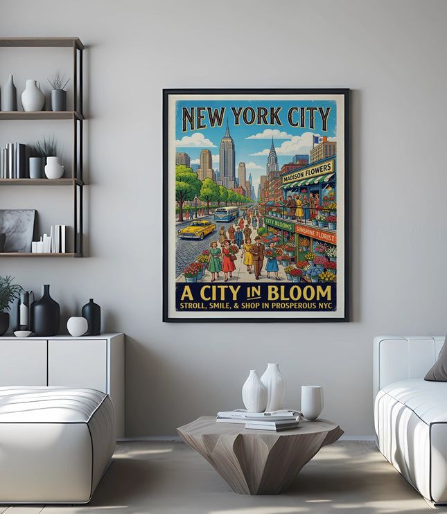 New York City "A City in Bloom" vintage poster with Empire State Building and flower shops.