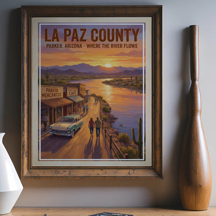 Vintage poster of La Paz County, Arizona, with sunset over river and mountains.