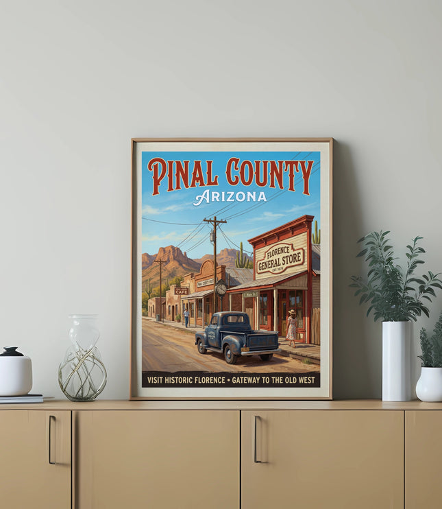 Pinal County Arizona vintage travel poster with town, truck, and mountains.