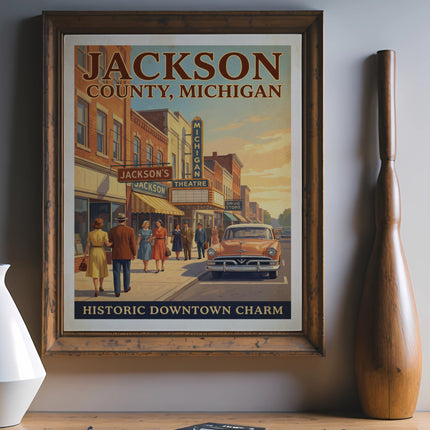 Poster of Jackson County, Michigan historic downtown with people and a vintage car.