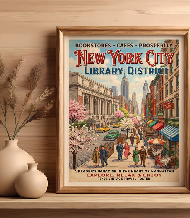 New York City Library District vintage travel poster with Empire State Building.