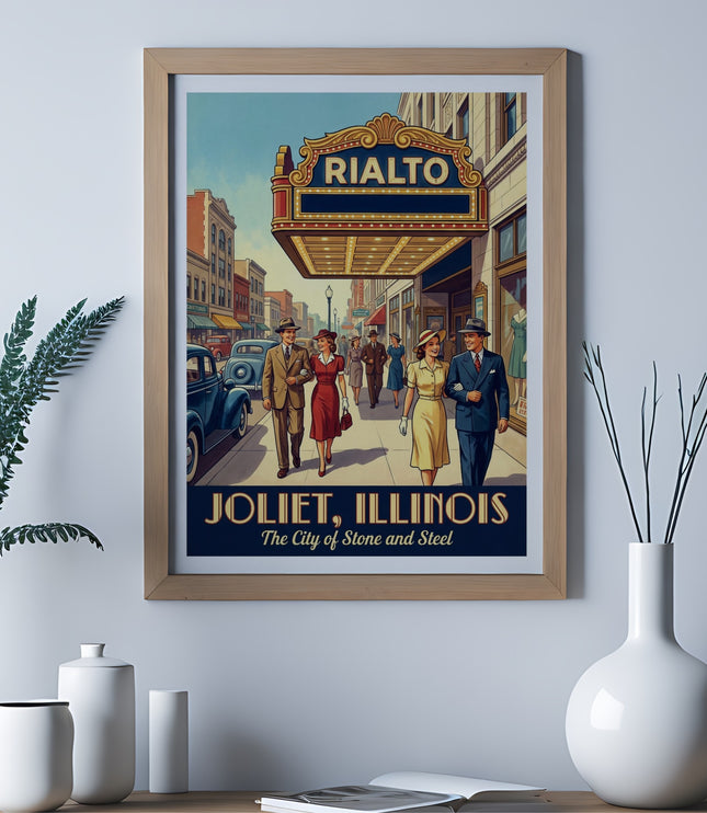 Rialto Theater poster with couples walking on a vintage street, Joliet, Illinois.