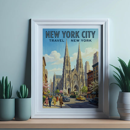 New York City travel poster with cathedral and city street scene.