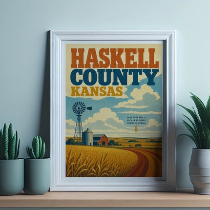 Haskell County Kansas vintage travel poster with windmill, barn, and wheat field.