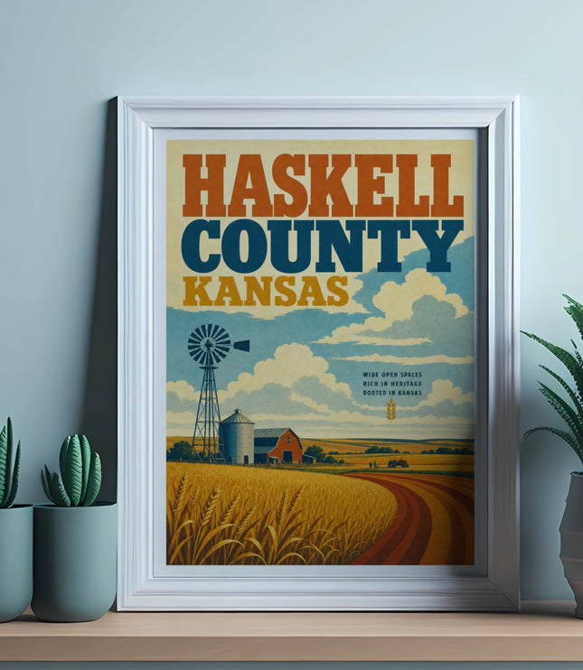 Haskell County Kansas vintage travel poster with windmill, barn, and wheat field.
