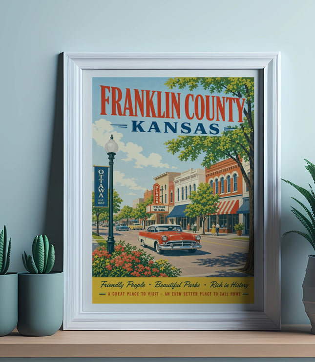 Vintage poster for Franklin County, Kansas, featuring Ottawa.