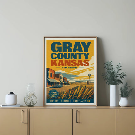 Gray County, Kansas, Cimarron travel poster with bakery and open fields.