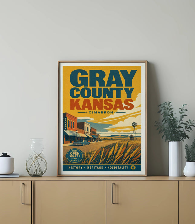 Gray County, Kansas, Cimarron travel poster with bakery and open fields.