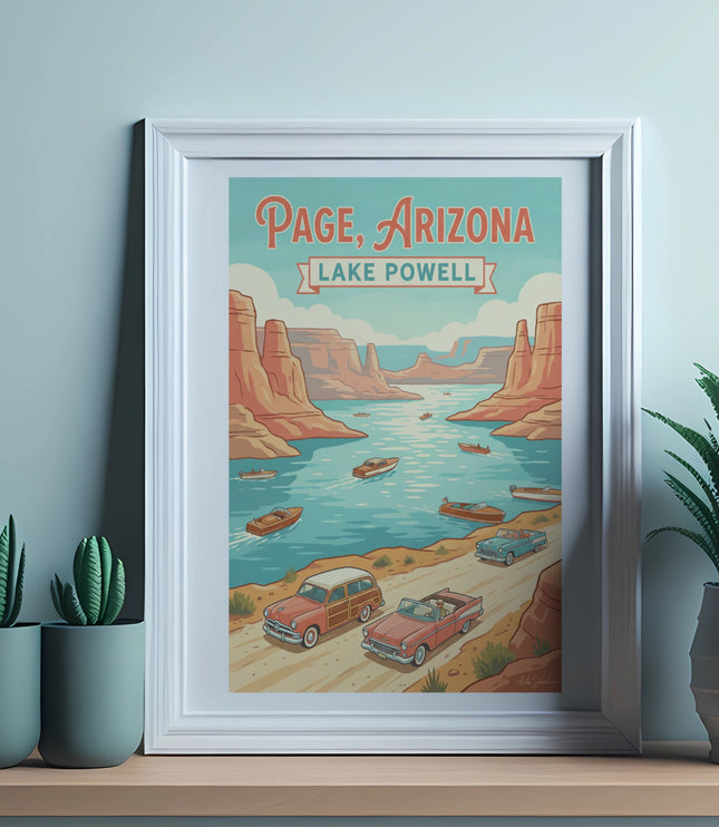 Page, Arizona Lake Powell retro travel poster with boats and vintage cars.