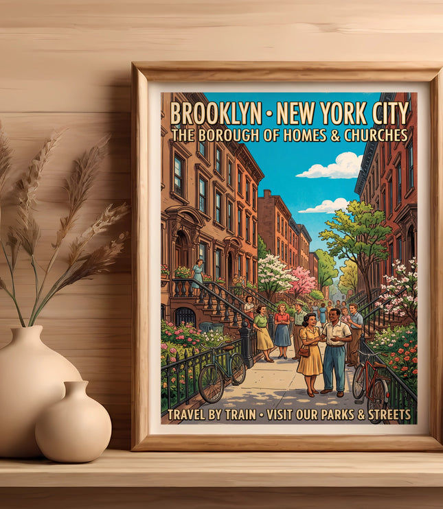 Vintage poster of Brooklyn, New York City with people and homes.