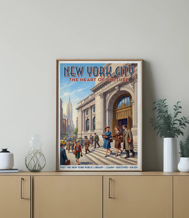 New York City Heart of Culture poster with the public library and Empire State Building.