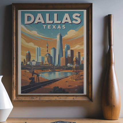 Retro Dallas Texas skyline poster framed on a wall.