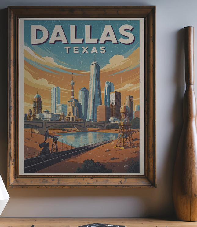 Retro Dallas Texas skyline poster framed on a wall.
