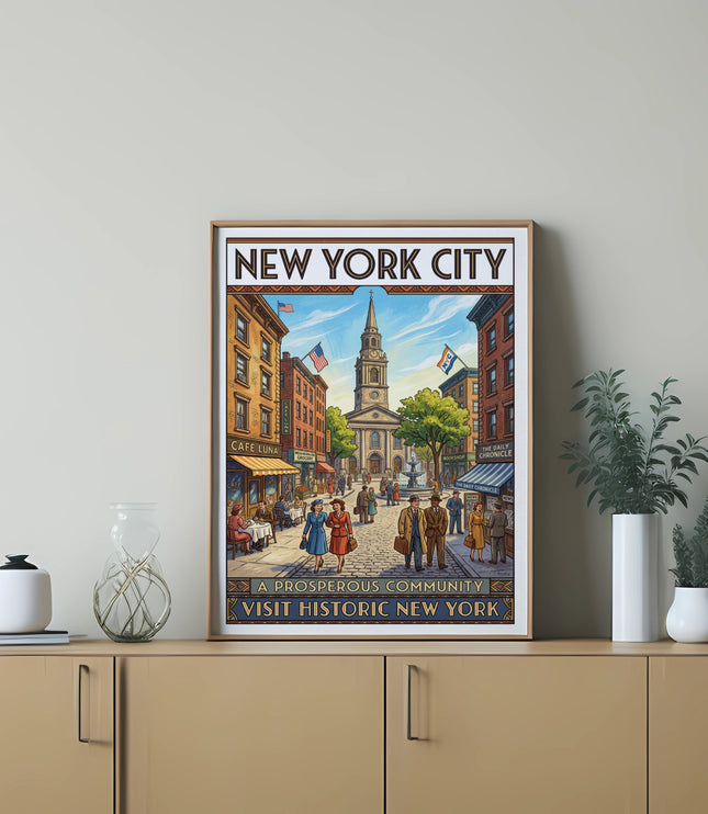 New York City skyline mural with people, shops, and a church tower.