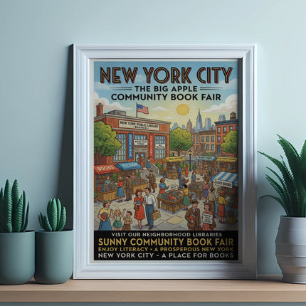New York City Community Book Fair poster with illustration and text details.