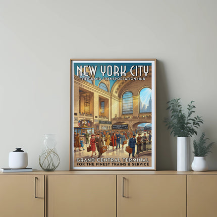 Grand Central Terminal poster depicting crowds, trains, and "New York City The Grand Transportation Hub".