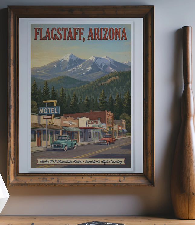 Flagstaff, Arizona retro travel poster showing mountains and Route 66.