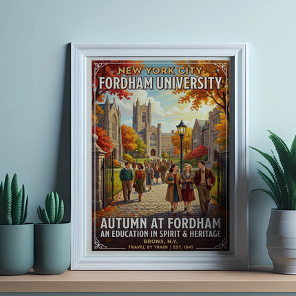 Fordham University autumn campus scene with university buildings and students.