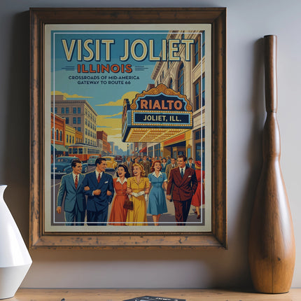 Vintage travel poster for Visit Joliet, Illinois, featuring the Rialto Theater.