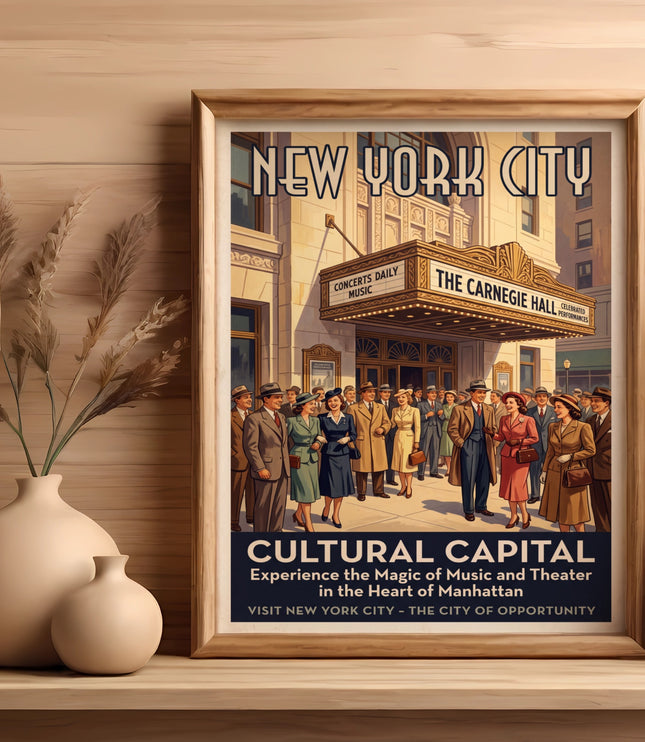 New York City poster featuring Carnegie Hall and people in vintage attire.