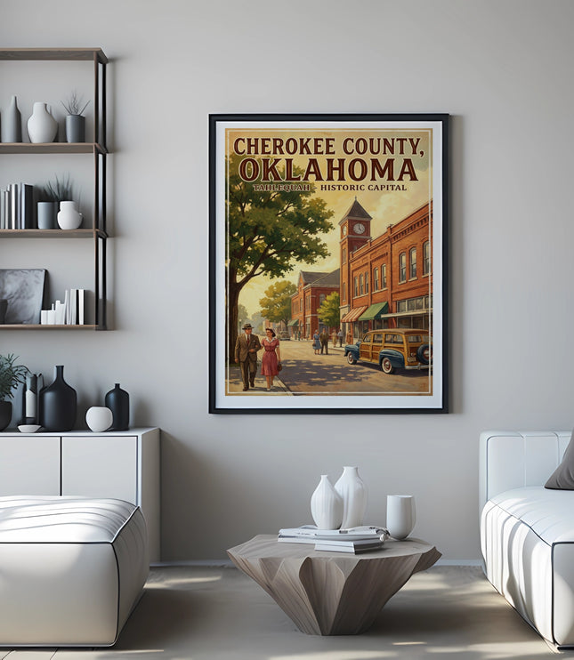 Framed vintage poster of Cherokee County, Oklahoma, Tahlequah Historic Capital.