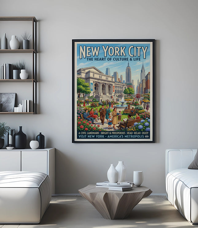 New York City vintage travel poster featuring the New York Public Library and skyline.