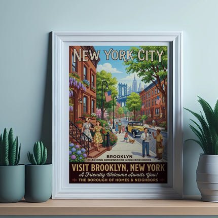 Vintage Brooklyn, New York City poster depicting brownstones and a bridge.