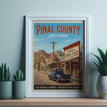 Pinal County Arizona vintage poster featuring Florence General Store and old truck.