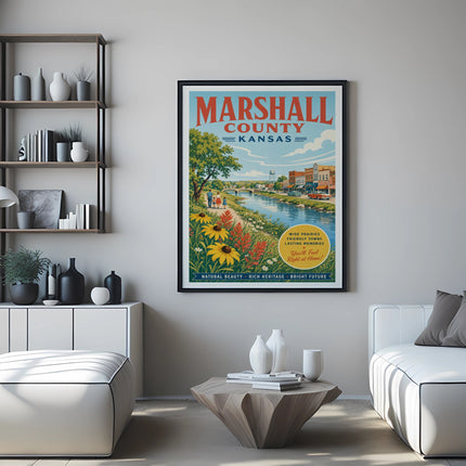 Marshall County, Kansas poster with scenic river, flowers, and text.