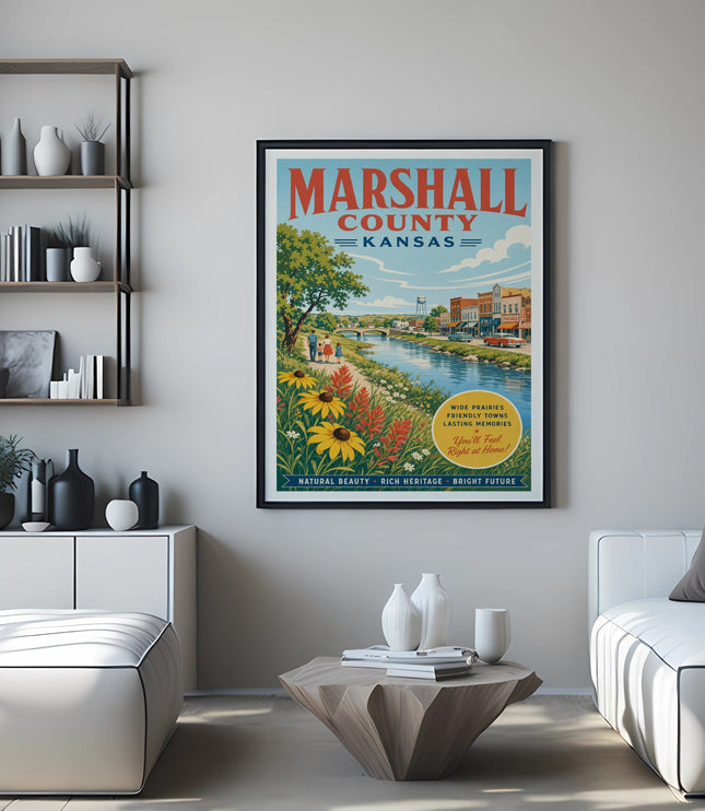Marshall County, Kansas poster with scenic river, flowers, and text.