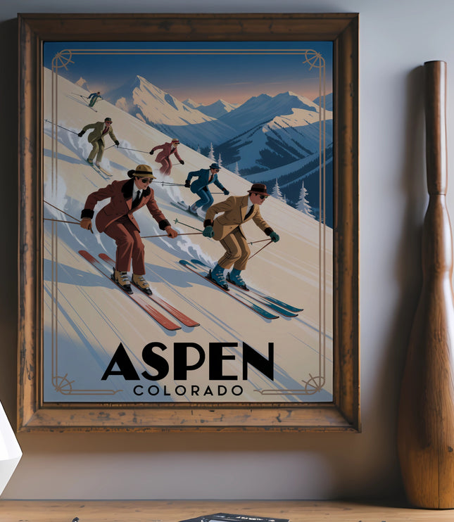 Vintage Aspen Colorado ski poster with skiers on a snowy mountain.