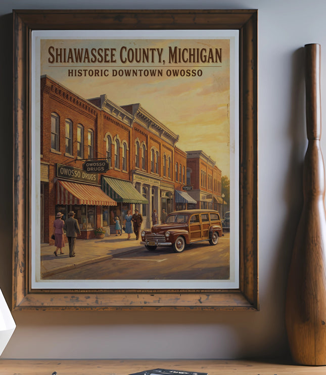 Framed art of Shiawassee County, Michigan, historic downtown Owosso scene with vintage car and buildings.