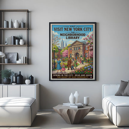 Vintage "Visit New York City The Neighborhood Library" poster with people and buildings.
