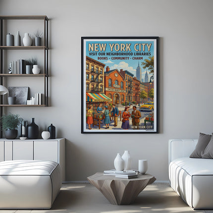 New York City vintage poster with Chelsea Branch Library illustration, 1948.