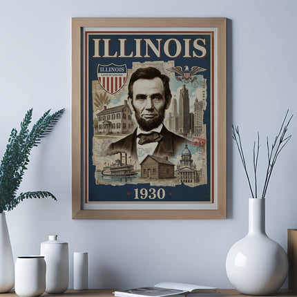 Framed vintage Illinois travel poster with Abraham Lincoln and 1930 landmarks.