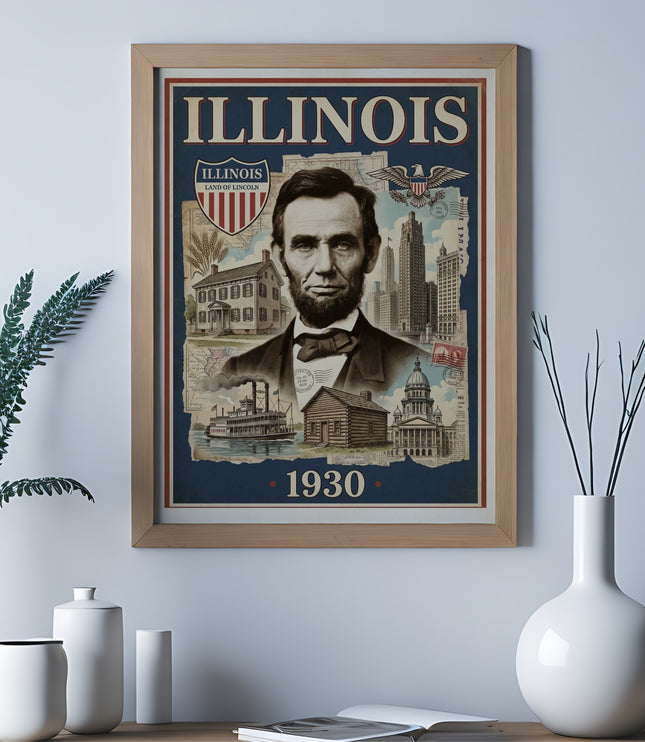 Framed vintage Illinois travel poster with Abraham Lincoln and 1930 landmarks.