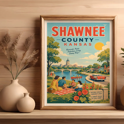 Shawnee County, Kansas vintage travel poster with people and nature.