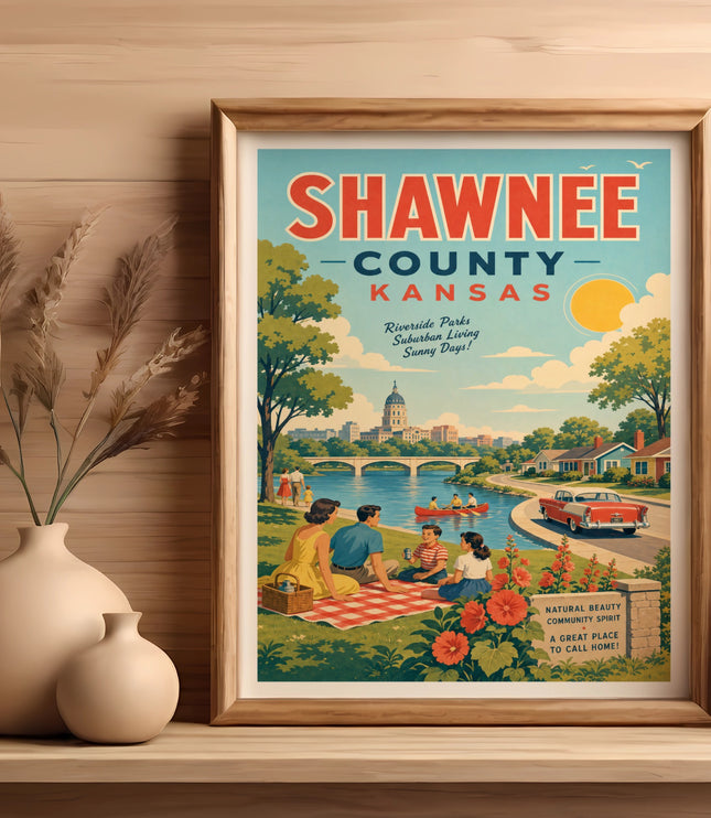 Shawnee County, Kansas vintage travel poster with people and nature.
