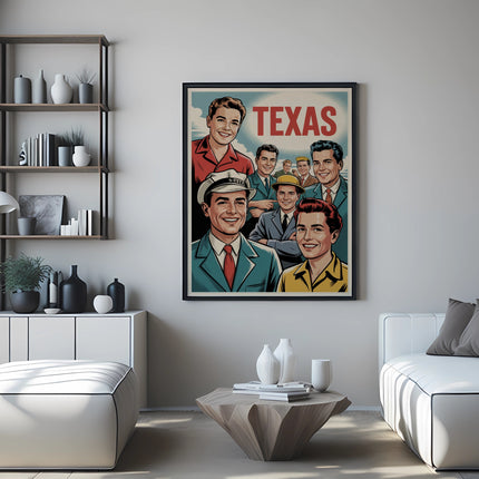 Vintage Texas travel poster featuring smiling men in a retro style.