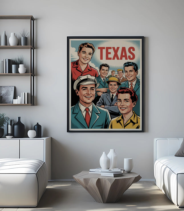 Vintage Texas travel poster featuring smiling men in a retro style.