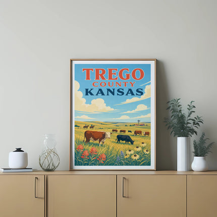 Vintage poster of Trego County, Kansas with cows grazing in a field.