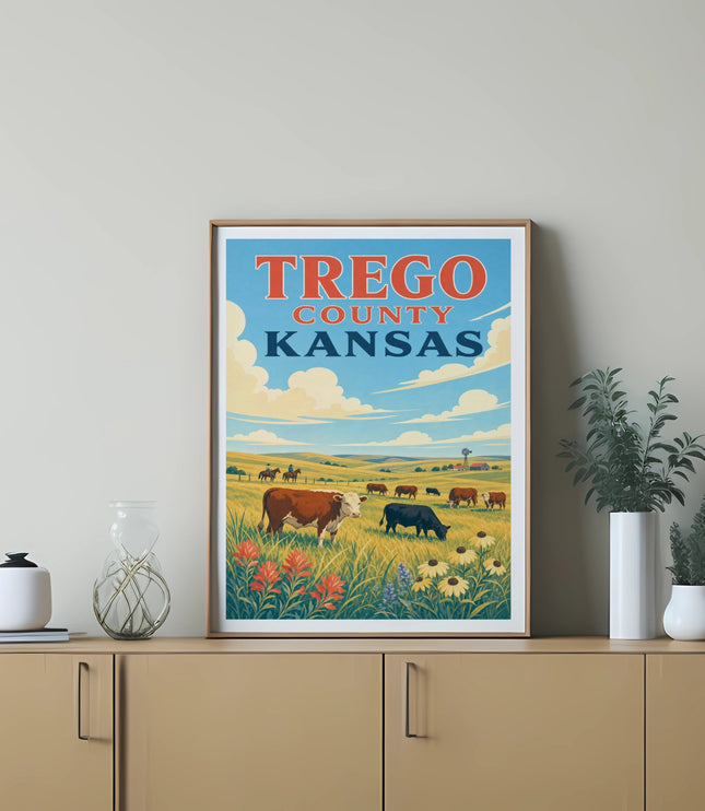 Vintage poster of Trego County, Kansas with cows grazing in a field.