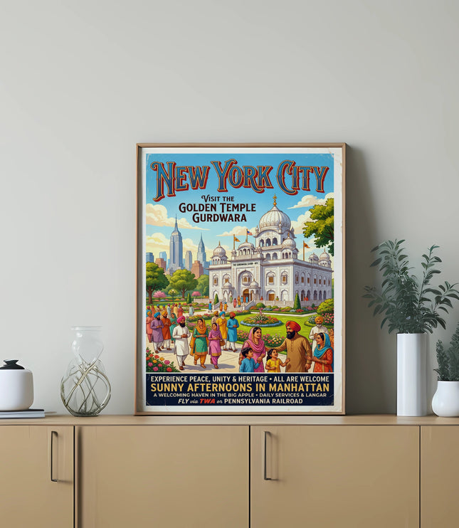 New York City poster: Visit the Golden Temple Gurdwara, with people and Manhattan skyline.
