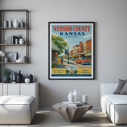 Neosho County, Kansas travel poster featuring a vintage street scene and descriptive text.