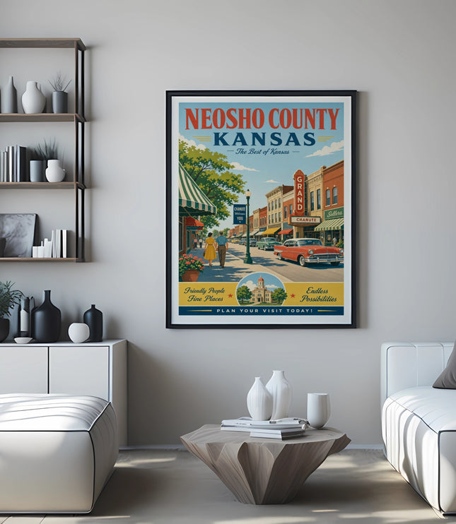 Neosho County, Kansas travel poster featuring a vintage street scene and descriptive text.