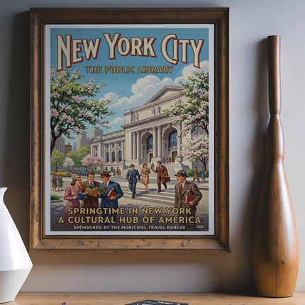New York City Public Library springtime poster sponsored by Municipal Travel Bureau.